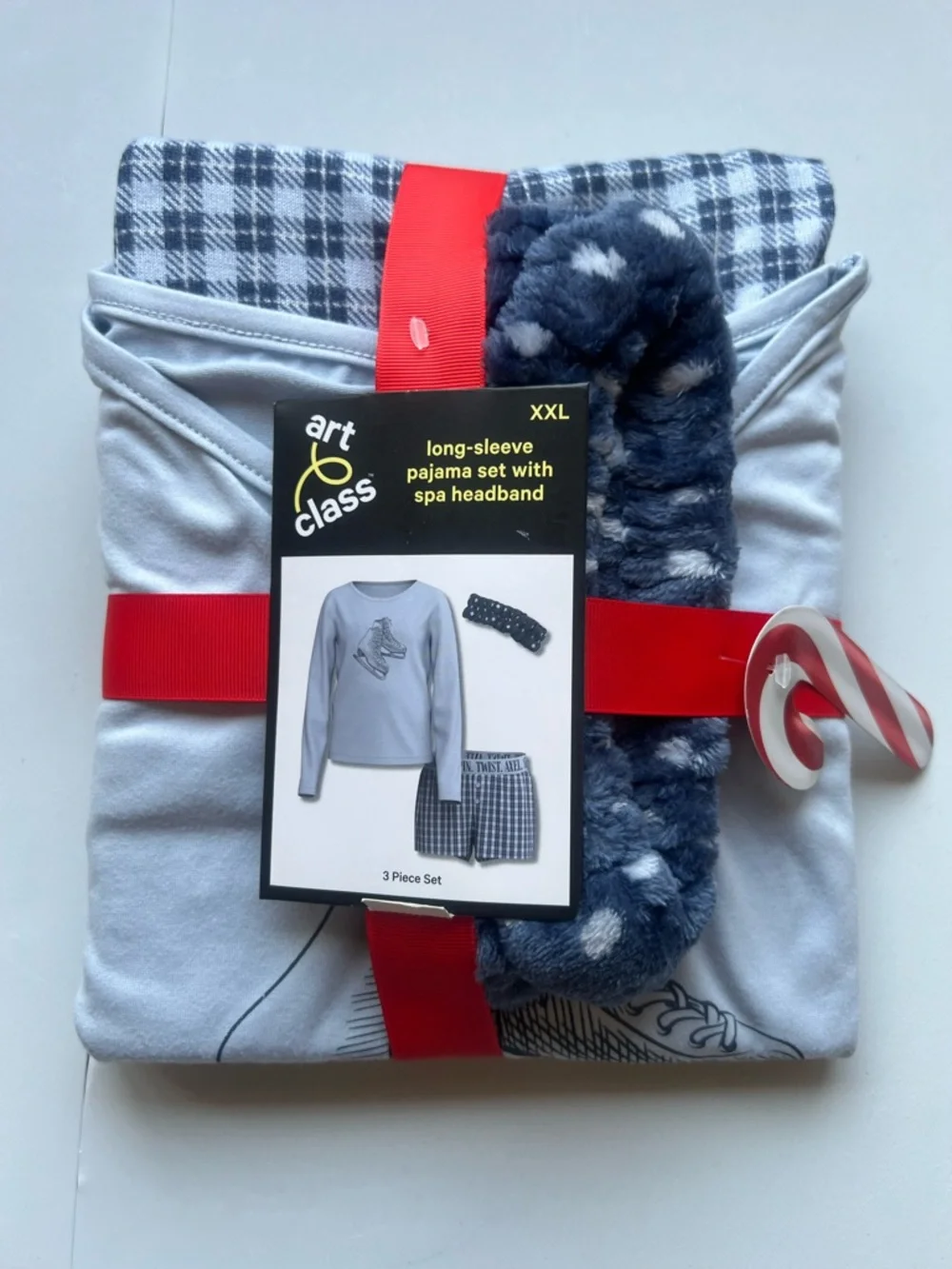 art class Light Blue Pajama Set with Red Ribbon Accent